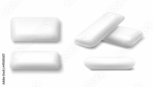 White mint chewing gum set for ads and package element, Chewing bubble gum mockups, Chewing pads isolated on white background, 3d vector realistic illustration