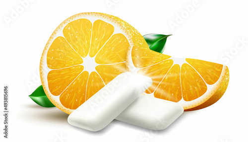 Realistic Fruit chewing gum pellet with orange flavor. Chewing pads with fresh ripe orange. Citrus bubble gum. Packaging design for branding. 3d vector