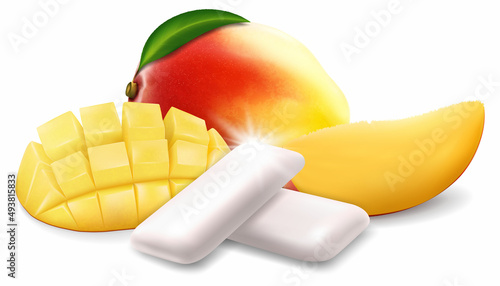 Realistic Pads of bubble gum with mango flavour. Chewing gums for healthy teeth, fresh breathing and dental hygiene. Refreshing sweet candy, 3d vector isolated on white background.
