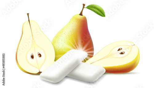 Realistic Fruit chewing gum pellet with pear flavor. Chewing pads with fresh ripe pears. Product placement detailed label design. Packaging design for branding. 3d vector