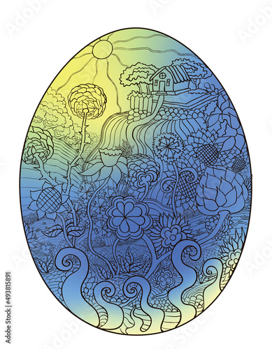 Easter egg graphic in the form of a doodle rural scene on a background of yellow and blue framed