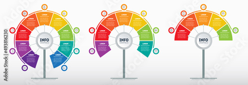 Set of Vertical infographics or time lines with 5, 7 and 9 parts. Development and growth of the technology in the world. Vector Infographic. Business presentation with three steps or processes.