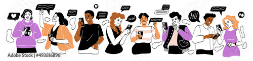 Set of young people look at smartphones and chat