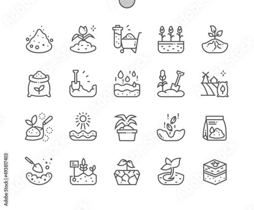 Soil ground. Watering. Gardening. Fertilizer. Pixel Perfect Vector Thin Line Icons. Simple Minimal Pictogram