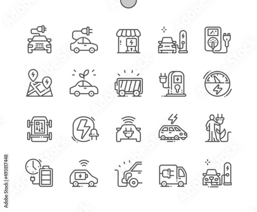 Electric vehicle. Charger and charging station. Alternative energy, eco and transportation. Saving world. Pixel Perfect Vector Thin Line Icons. Simple Minimal Pictogram
