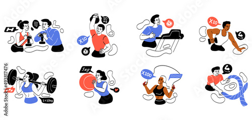 Set of people exercising at modern gym