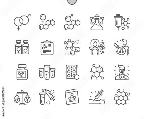 Hormones. Male female gender. Laboratory and medical book. Testosterone and estrogen. Pixel Perfect Vector Thin Line Icons. Simple Minimal Pictogram