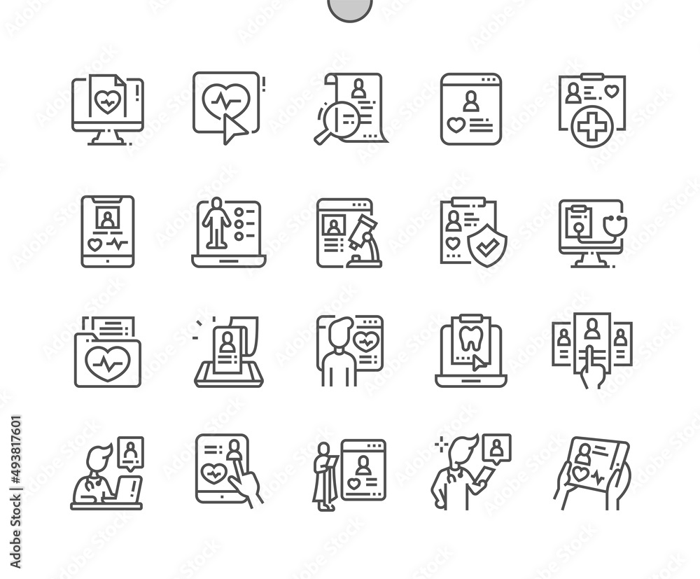 Electronic patient card. Health care, medical and medicine. Clipboard with patient. Treatment history. Pixel Perfect Vector Thin Line Icons. Simple Minimal Pictogram