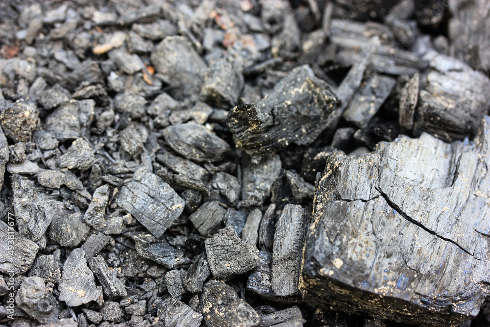 Black grey ash, black charcoal abstract background texture selective focus. Wood after burning in fire. Fertilizer for plants, ground. Black charcoal background. Coal texture top view. Green energy. Black grey ash, black charcoal abstract background texture selective focus. Wood after burning in fire. Fertilizer for plants, ground. Black charcoal background. Coal texture top view. Green energy.
