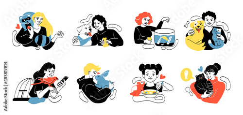 Set of People and their pets