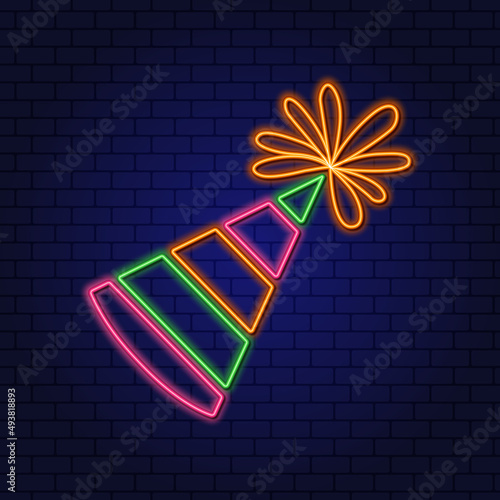 Neon vector sign festive hat with pompon. Design element for website, holiday, birthday