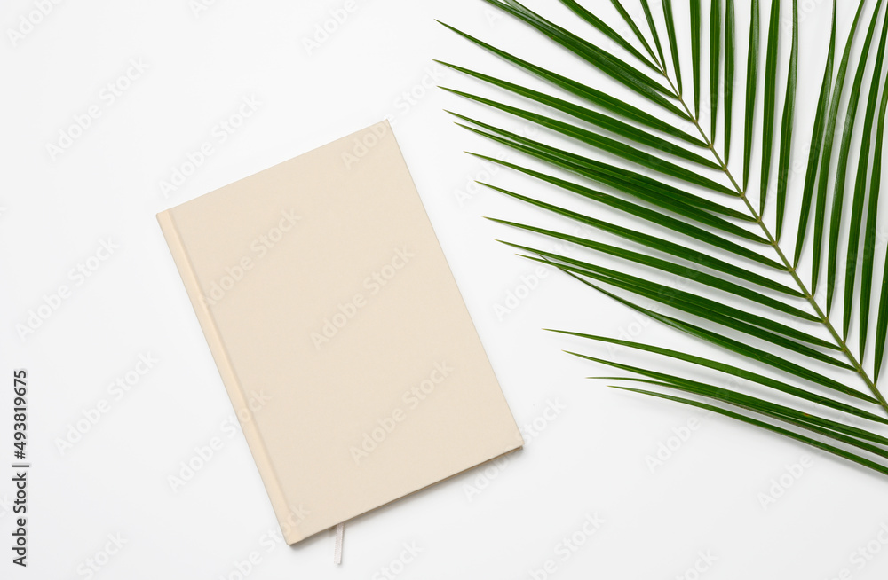 green palm leaf and notepad on white background, top view green palm leaf and notepad on white background, top view