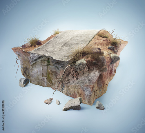 Travel and vacation background. 3d illustration with cut of the ground and the desert road. Baby road isolated on white.