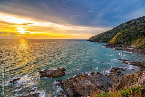 Island and sea at sunset.