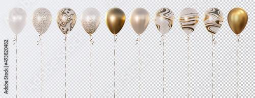 Vector set of ten 3d realistic balloons. Transparent with abstract golden texture, with golden confetti circles, and golden. Good for birthday, anniversary, New Year, wedding, holiday event designs.