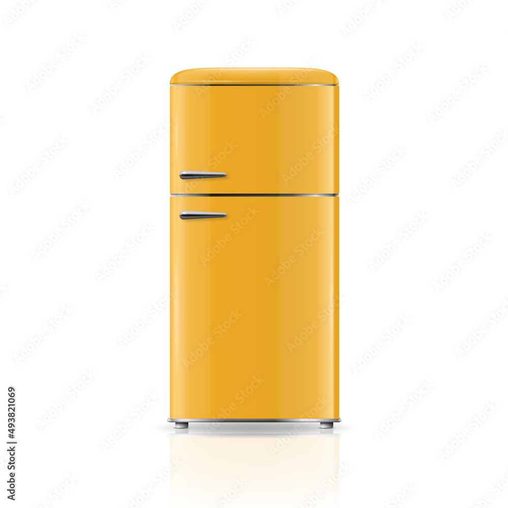 Vector 3d Realistic Yellow Retro Vintage Fridge Icon Isolated on White