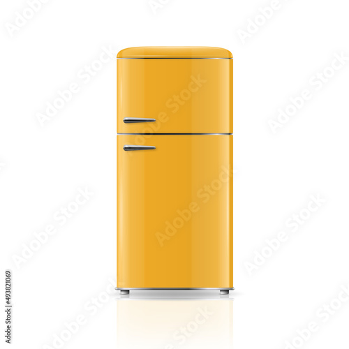 Vector 3d Realistic Yellow Retro Vintage Fridge Icon Isolated on White. Vertical Refrigerator. Closed Fridge. Design Template, Mockup of Fridge. Front View