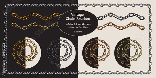 Metallic chain pattern brushes with corners, end and start tiles in vintage style. Gold, silver, bronze, brass and black versions. Isolated on white and black background.