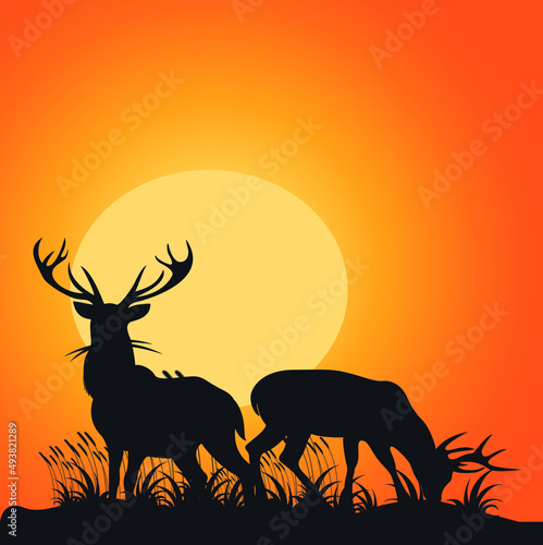 deer silhouette at sunset   Reindeers Silhouette Vector Illustration