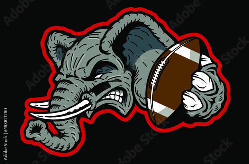 angry elephant mascot holding football for school, college or league