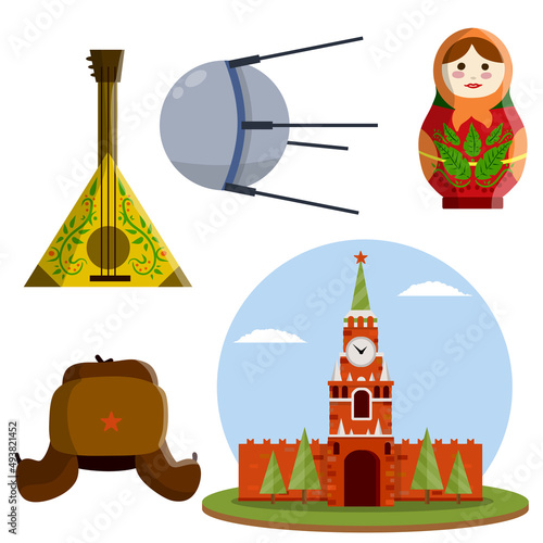 Moscow kremlin. Set symbol-Hat with star, doll matryoshka. Flat cartoon illustration. Tourist trip to red square, Sputnik space satellite, balalaika guitar