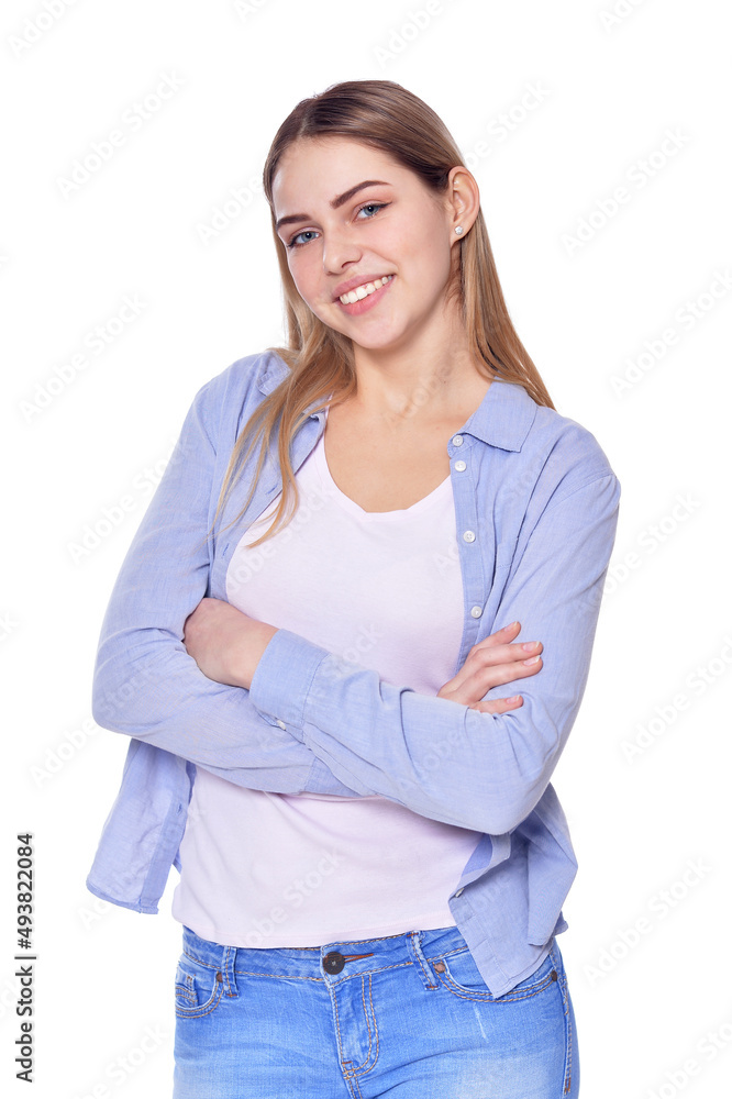 Portrait of beautiful woman wearing casual clothing on white background Portrait of beautiful woman wearing casual clothing on white background