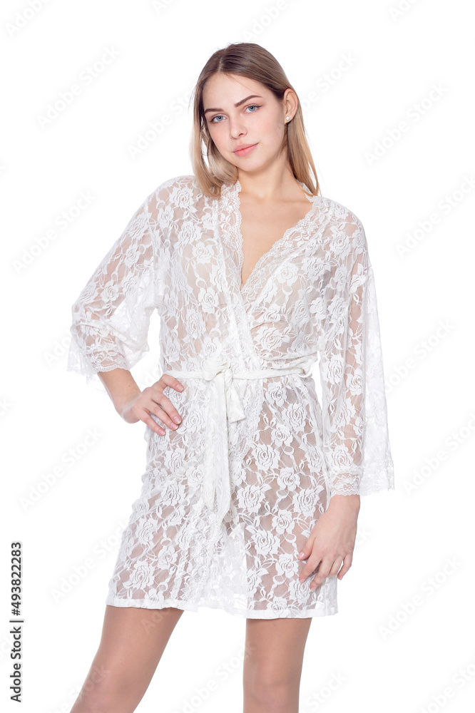Portrait of beautiful woman wearing dressing gown on white background Portrait of beautiful woman wearing dressing gown on white background