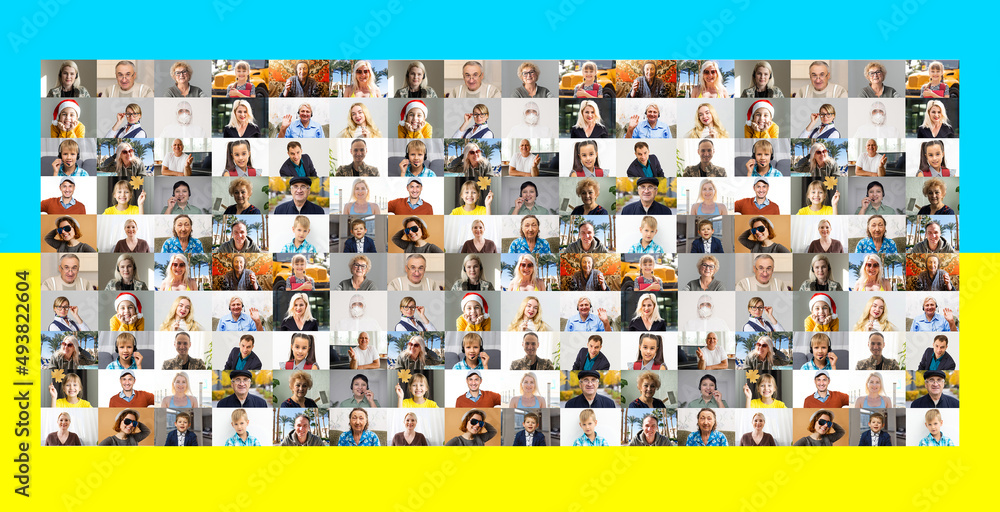 Collage of many smiling happy people children with a flag or heart, in embroidered shirts, against the background of nature. Flag Day, Constitution, Unity, Independence day of Ukraine Banner