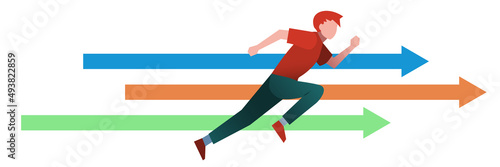 走る男性と矢印　人物　フラットイラスト　若者　Run fast and fast!