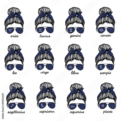Sign of zodiac. Astrological zodiac symbols with messy bun. Female faces with glasses with zodiac sign. Messy Bun Mom Lifestyle. Vector illustration. Good for posters, t shirts, postcards.