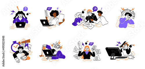 Set of busy people in stress at work