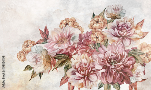 Obraz rysowany kolorowy bukiet kwiatów na jasnym tle