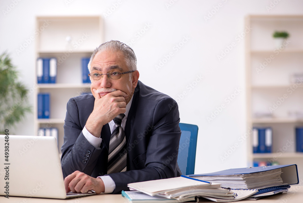 Old male employee working in the office Old male employee working in the office