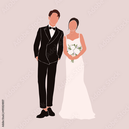 Abstract silhouette of wedding couple groom and bride. Woman with bouquet and man portrait. Invitation card. Wedding ceremony. Marriage people vector illustration. Newlyweds poster wall print decor