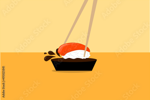 salmon sushi in soy sauce splash for japanese cuisine background