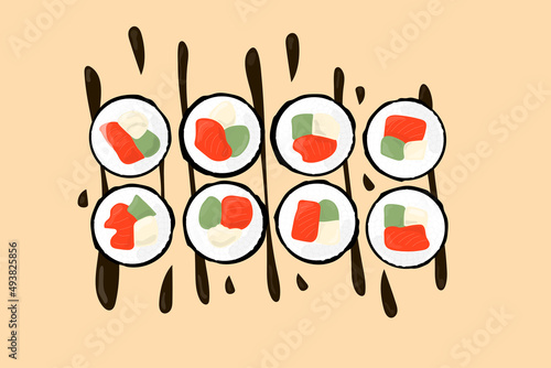 role with salmon in unagi sauce japanese cuisine sushi background