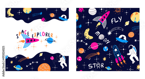 Space pattern. Vector background with the starry sky, rockets, moon, astronaut, planets, comets, asteroid and stars, ufo. Card with text - Space Explorer. Childish print. Doodle