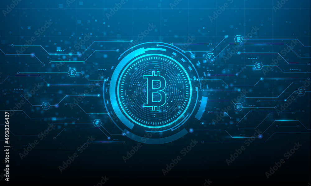 Obraz premium bitcoin crypto currency digital technology on circuit board .blue dark background. money global market exchange in future. Finance token online Systems. vector illustration abstract futuristic.