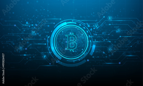 bitcoin crypto currency digital technology on circuit board .blue dark background. money global market exchange  in future. Finance token online Systems. vector illustration abstract futuristic.