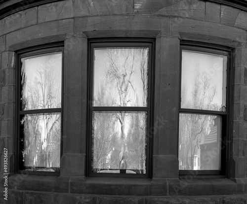 Reflection of trees in window of old stone manison