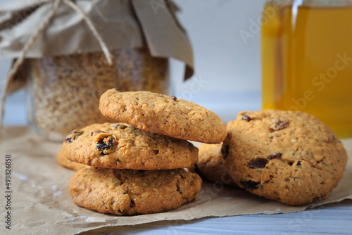 Oatmeal cookies with raisins, coconut and cinnamon.