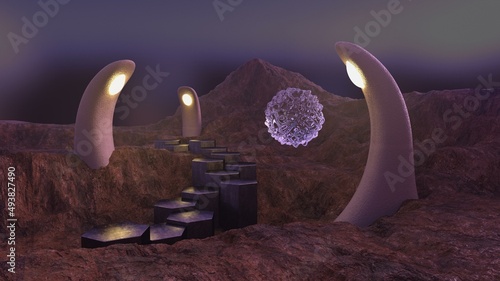 3D-illustration of an alien planet with a strange portal crystal