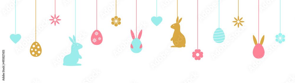 Obraz premium Easter banner with color hanging baubles. Holiday background with bunny, eggs, flowers, hearts line art icons. Happy spring pattern. Festive cartoon border. Greeting frame. Vector illustration