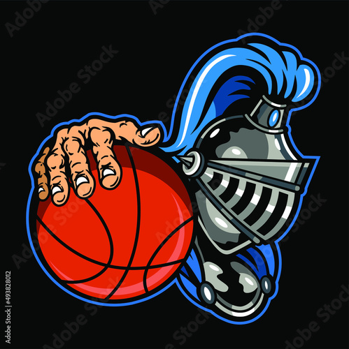 armored knight mascot holding basketball for school, college or league