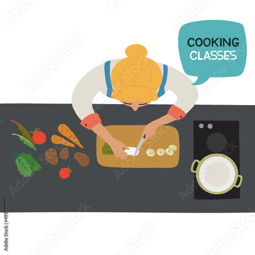 Young woman preparing healthy food in kitchen. Hand drawn illustration for cooking classes, culinary vlog or blog. Home hobby concept.