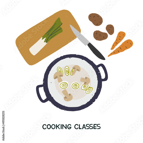 Hand drawn illustration for cooking class, culinary school, blog or vlog. Ingredients for healthy soup recipe. Top view of vegetables, cutting board, knife and saucepan. Cooking at home