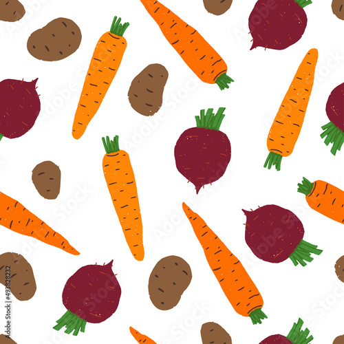 Seamless pattern made of root vegetables. Hand drawn texture with carrots, beetroots, potatoes. Culinary motifs for kitchen, cooking or gardening blog, farmers grocery store, online shop.