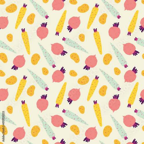 Seamless pattern made of root vegetables. Hand drawn texture with carrots, beetroots, potatoes. Culinary motifs for kitchen, cooking or gardening blog, farmers grocery store, online shop.
