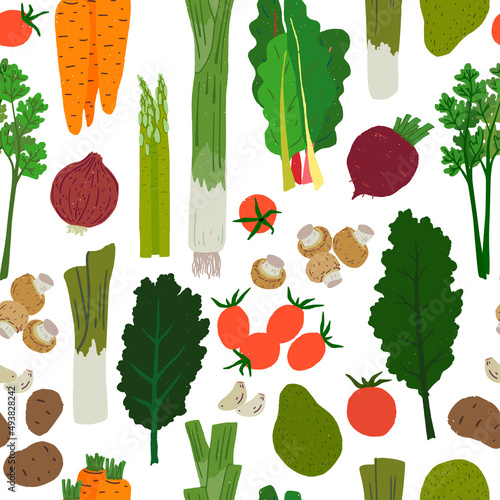 Seamless pattern with leafy greens, root vegetables, tomatoes, onion, mushrooms￼. Hand drawn texture with culinary motifs for kitchen, cooking or gardening blog, farmers market, grocery shop, store