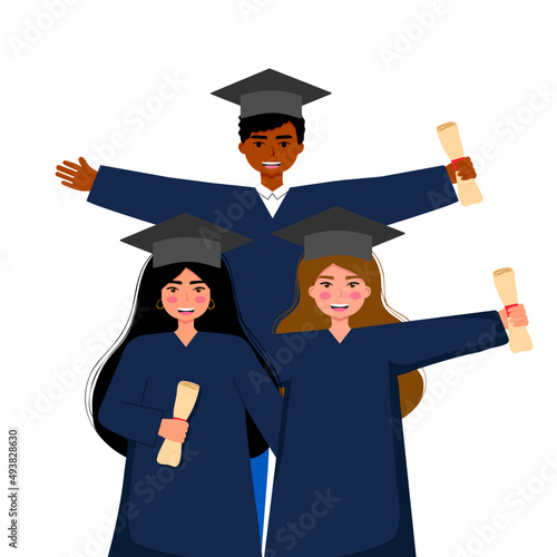 Students celebrate graduation day vector flat Illustration. Group of people wearing gown and graduation cap.
